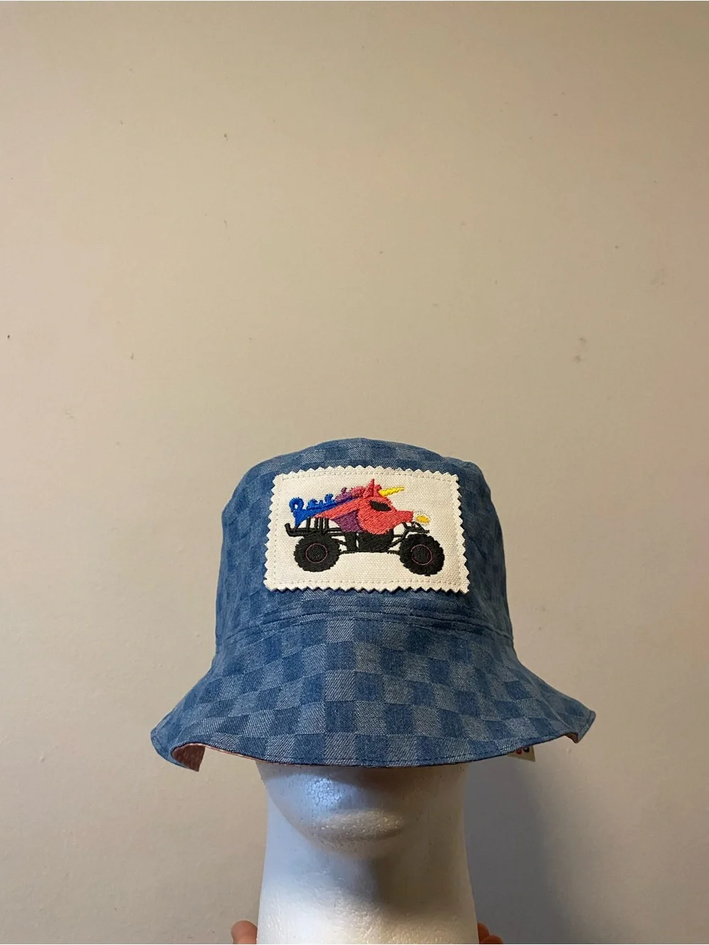 Hand Crafted Blue Checkered Kids Bucket Hat with Colorful Monster Truck Patch